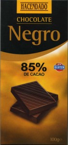 Ejemplo de una tanleta de chocolate de calidad, con un 85% de cacao, de la marca Hacendado.